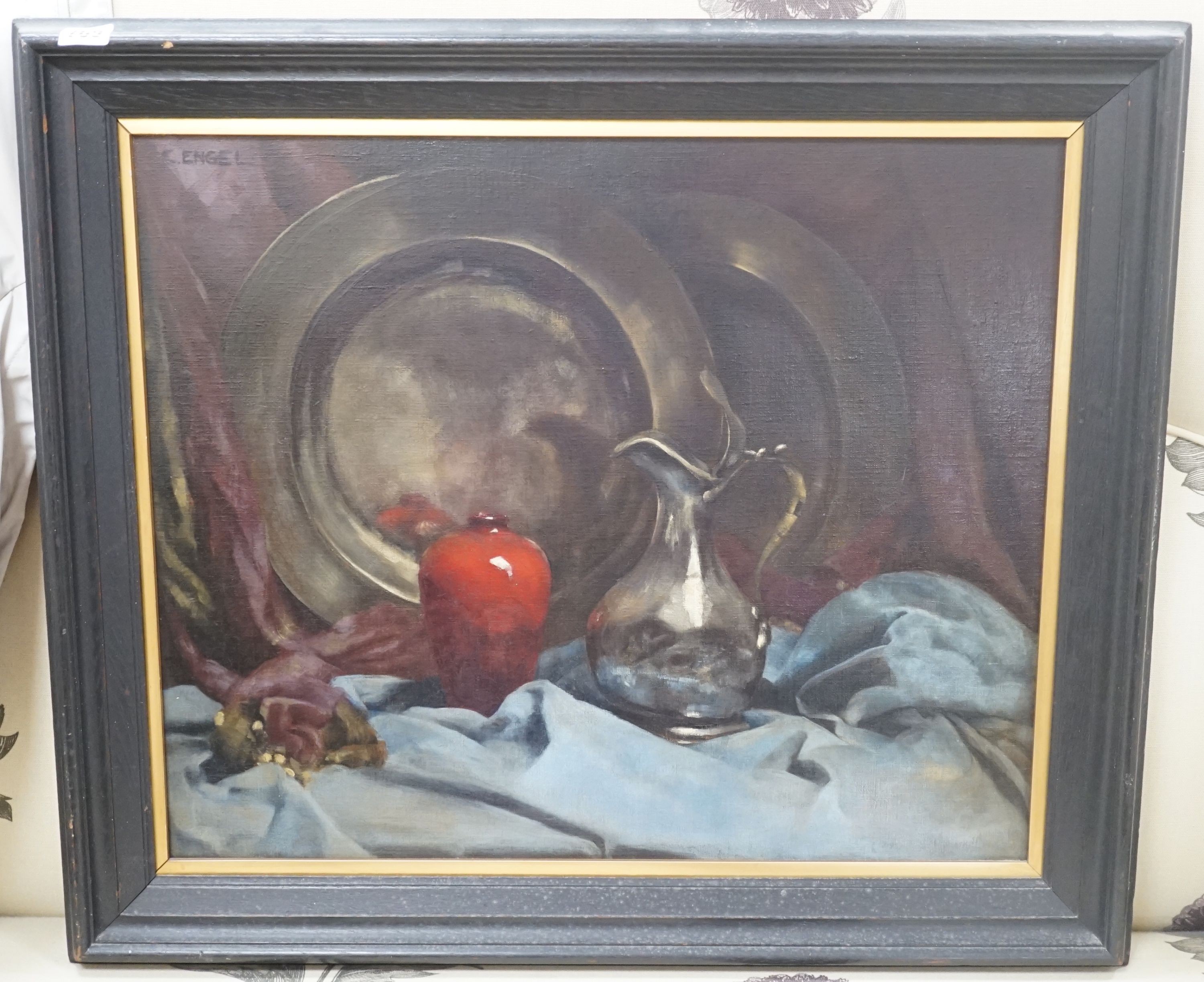 C. Engel, oil on canvas, still life of a vase and pewter ware, signed, 52 cm at 62 cm